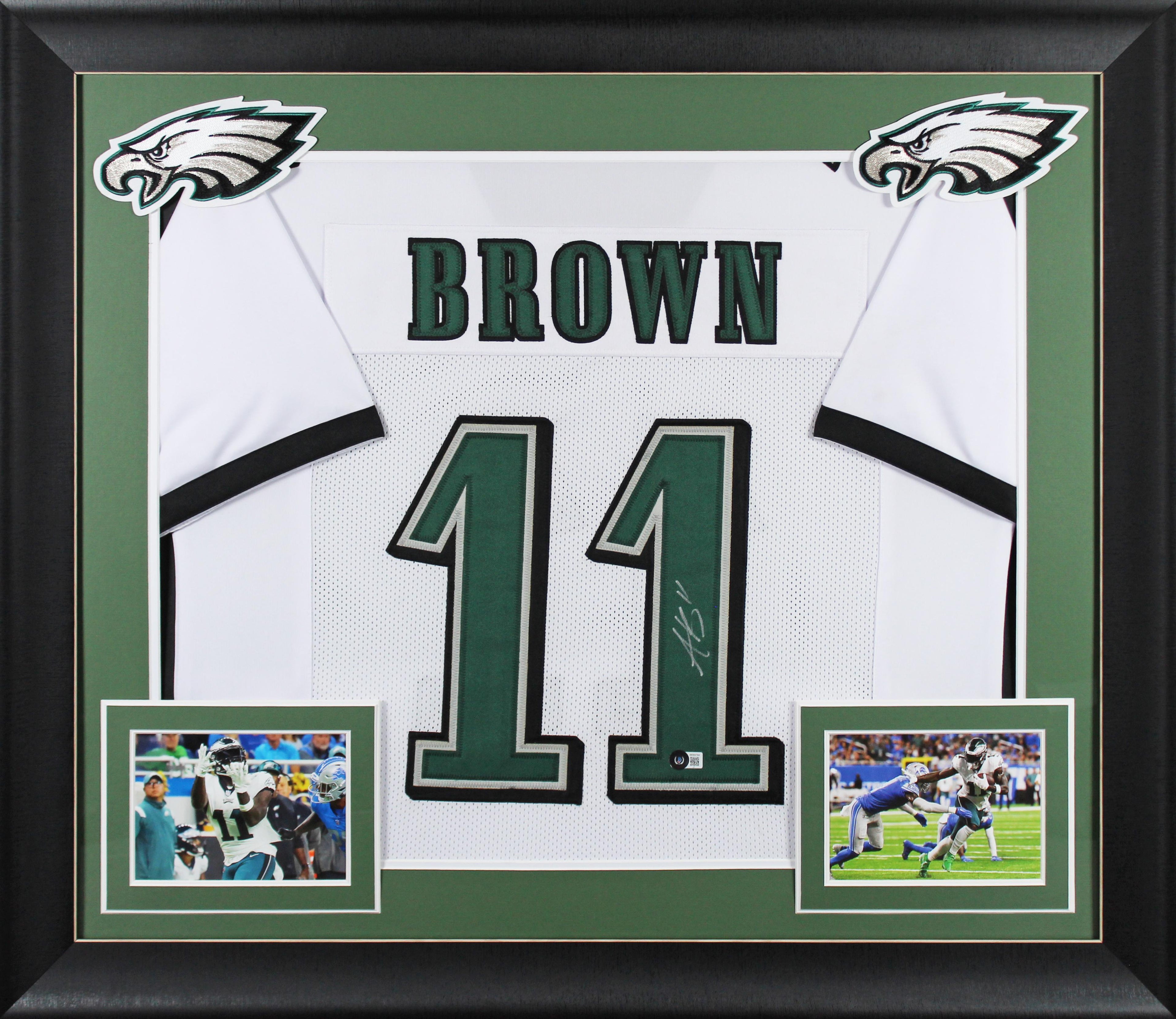 Authentic A.J. Brown Autographed Eagles Custom Framed Jersey Display Beckett COA