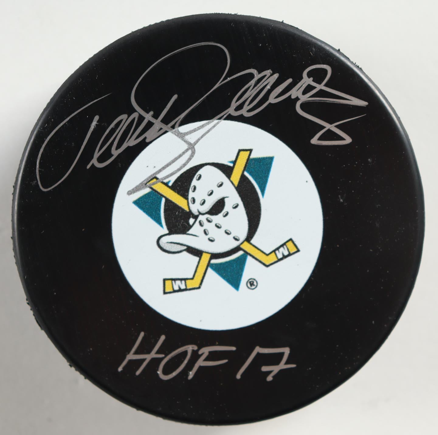 Teemu Selanne Signed Ducks Logo Hockey Puck Inscribed "HOF 17"