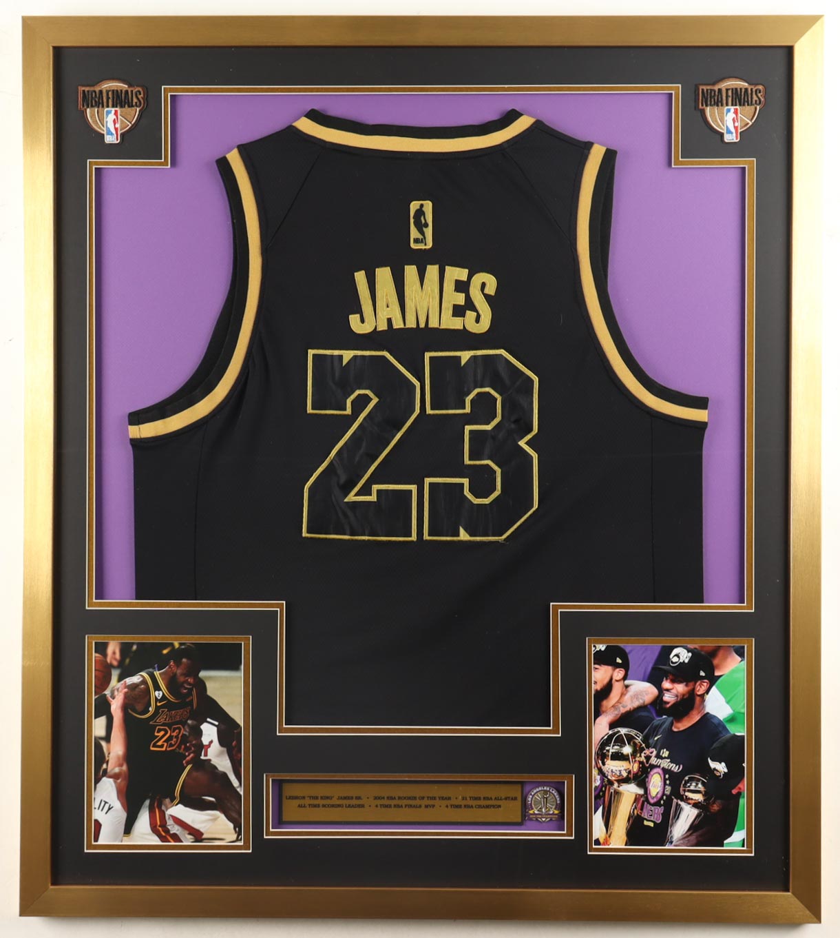 LeBron James Custom Framed Jersey Display | 2020 NBA Finals Champions Pin, Lakers Patches & Career Stats Plaque