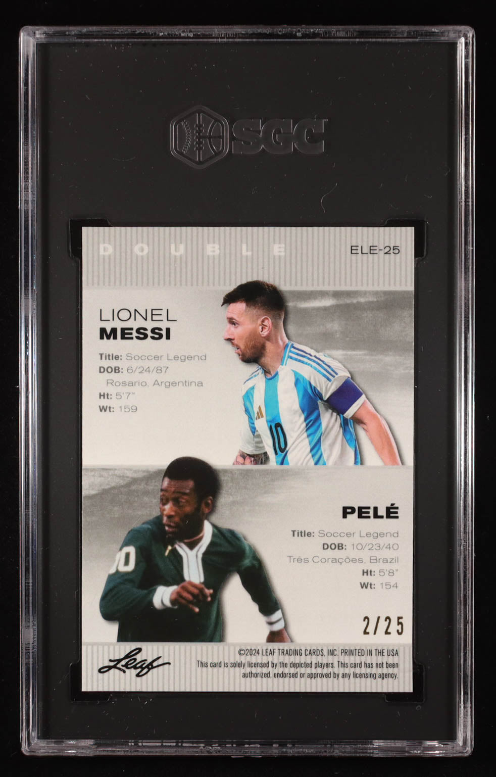 Lionel Messi / Pelé 2024 Leaf Metal Exclusive Legends Silver Crystal #ELE25 /25 | SGC 9.5 Gem Mint