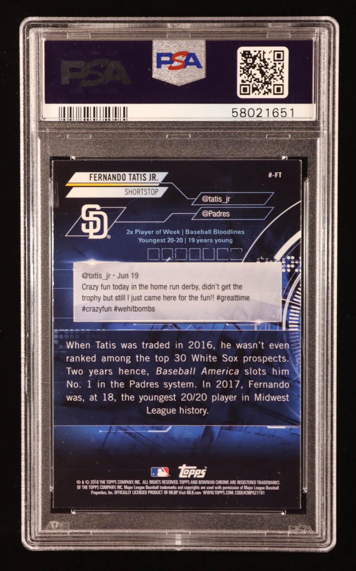 Authentic Fernando Tatis Jr. 2018 Bowman Chrome Bowman Trending Refractor FT PSA 10 Rookie Card