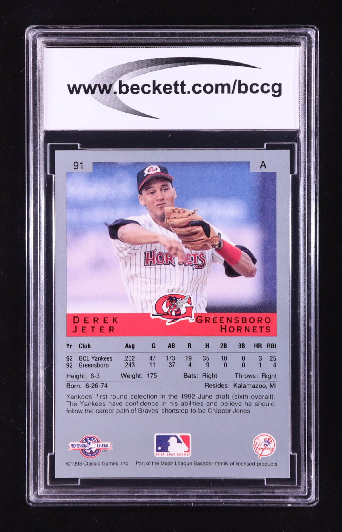 Authentic Derek Jeter 1993 Classic Best 91 BCCG 10 Rookie Card