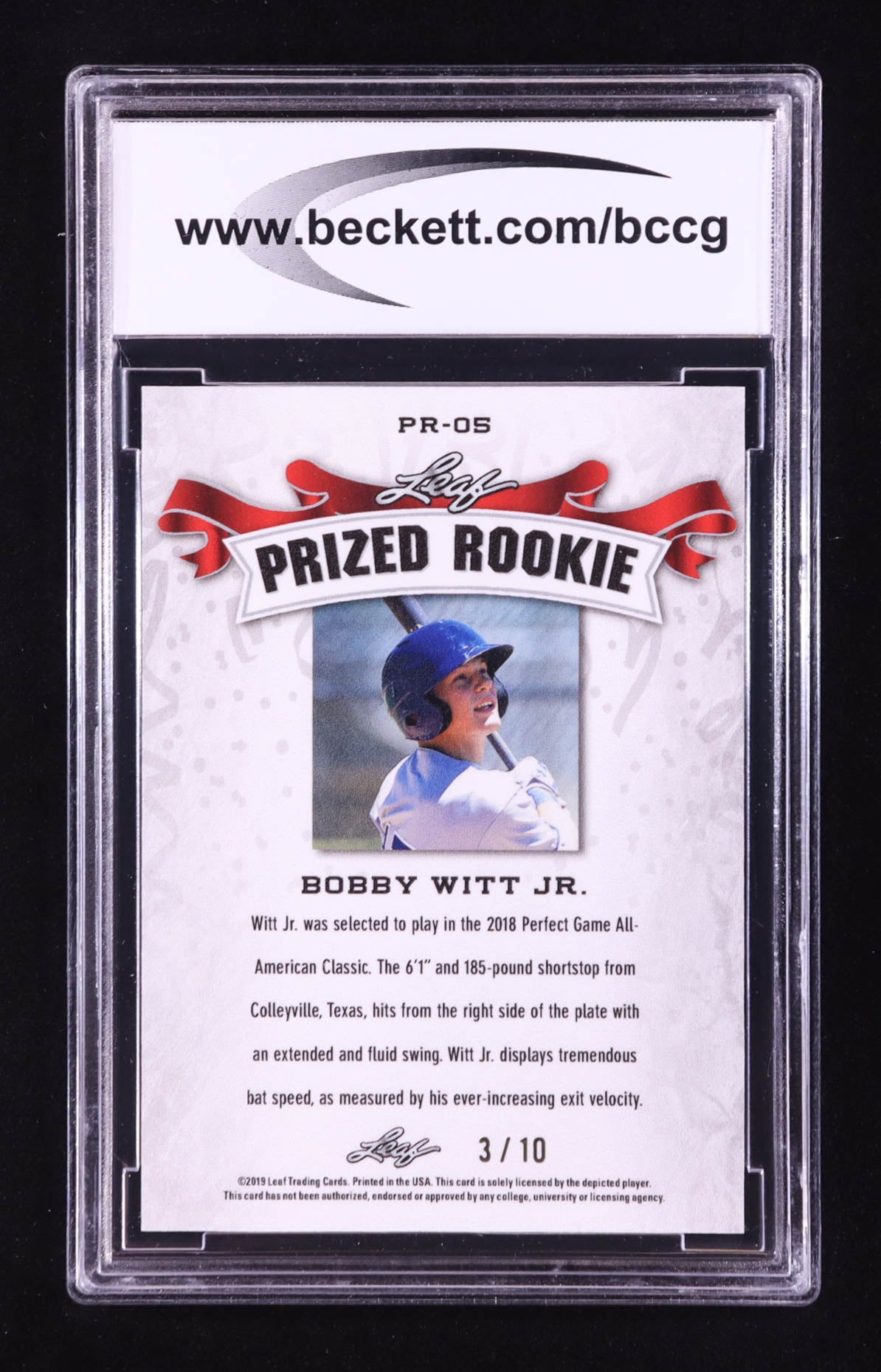 Bobby Witt Jr. 2019 Leaf Metal Prized Rookie Rainbow Pink #PR1905 /10 RC | BCCG 10 Mint