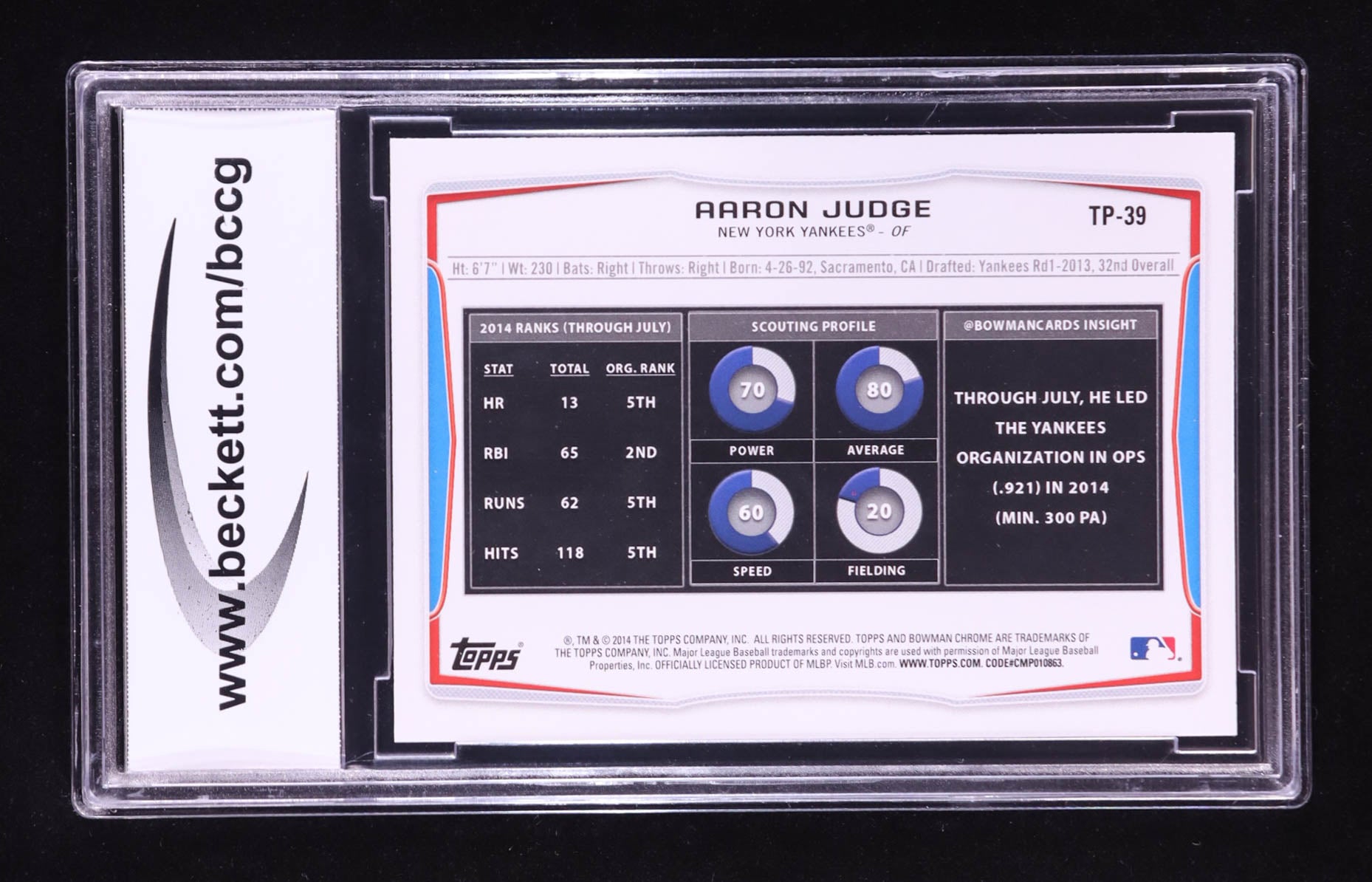 Aaron Judge 2014 Bowman Draft Top Prospects #TP39 Rookie Card RC | BCCG 10 Mint | New York Yankees