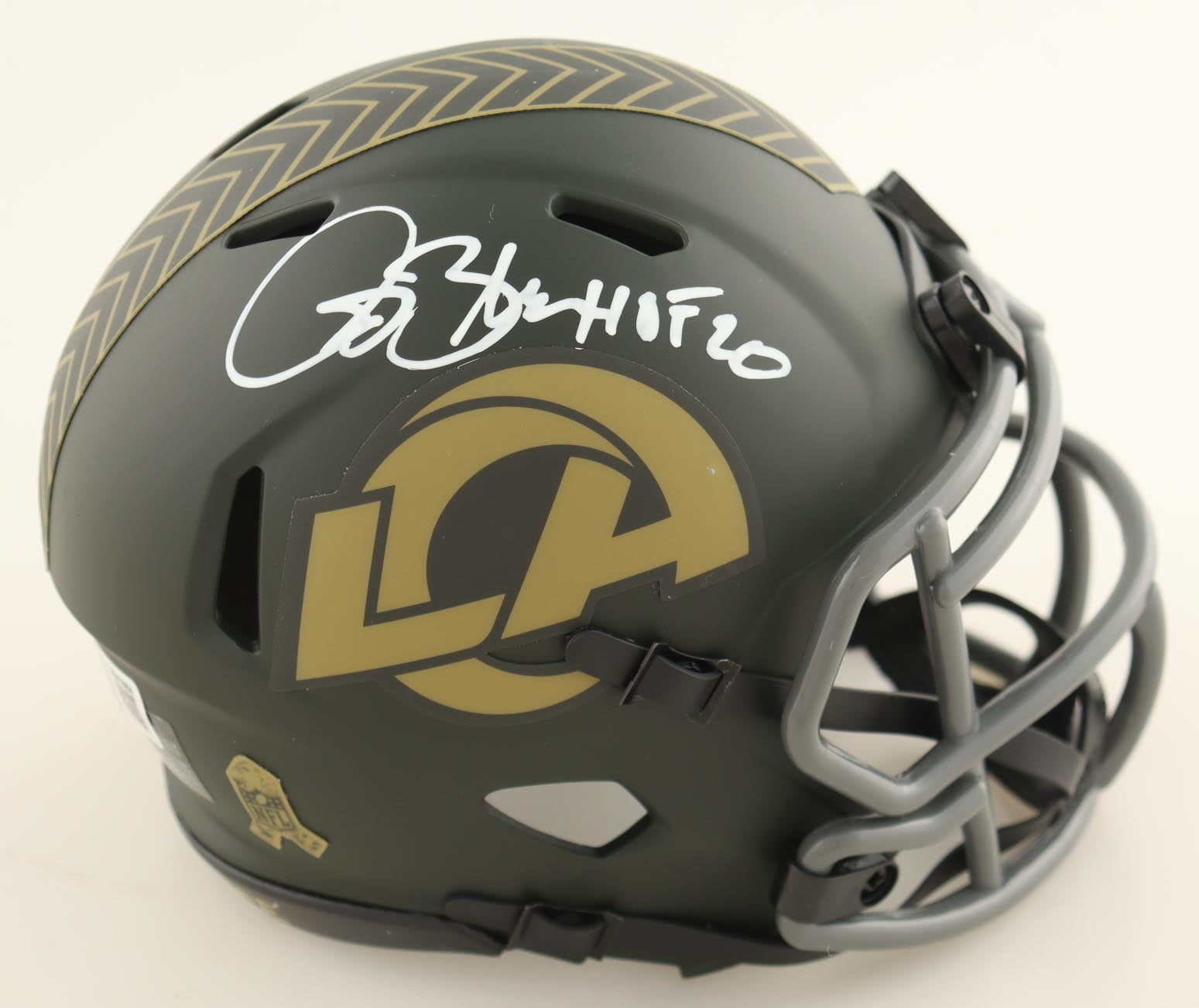 Authentic Isaac Bruce Autographed Rams Salute To Service Speed Mini Helmet HOF 20 Beckett COA