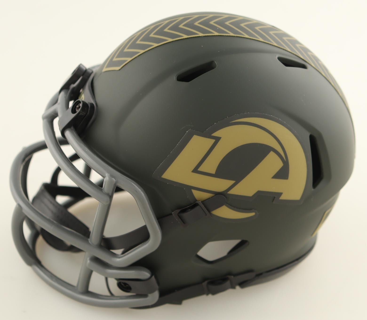 Authentic Isaac Bruce Autographed Rams Salute To Service Speed Mini Helmet HOF 20 Beckett COA