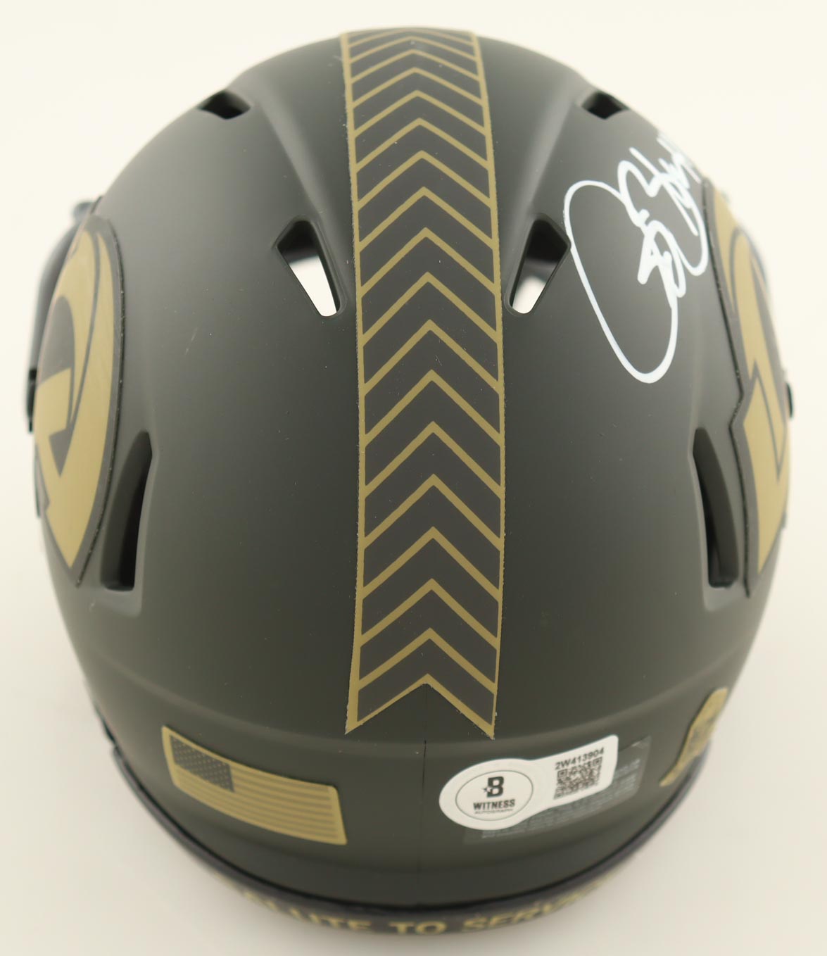 Authentic Isaac Bruce Autographed Rams Salute To Service Speed Mini Helmet HOF 20 Beckett COA