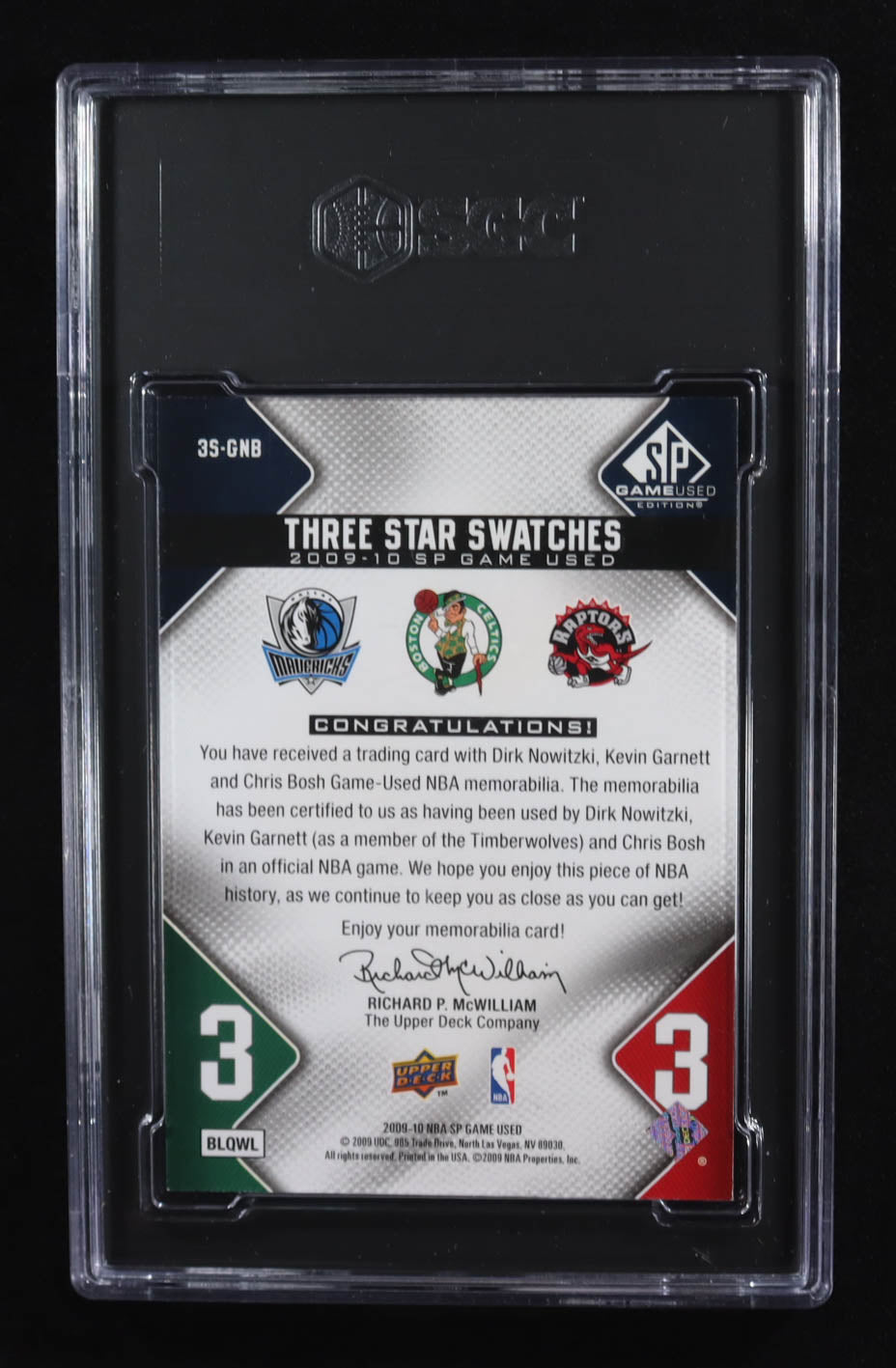 Dirk Nowitzki / Kevin Garnett / Chris Bosh 2009-10 SP Game Used 3 Star Swatches #3SGNB #208/299 (SGC 8.5)