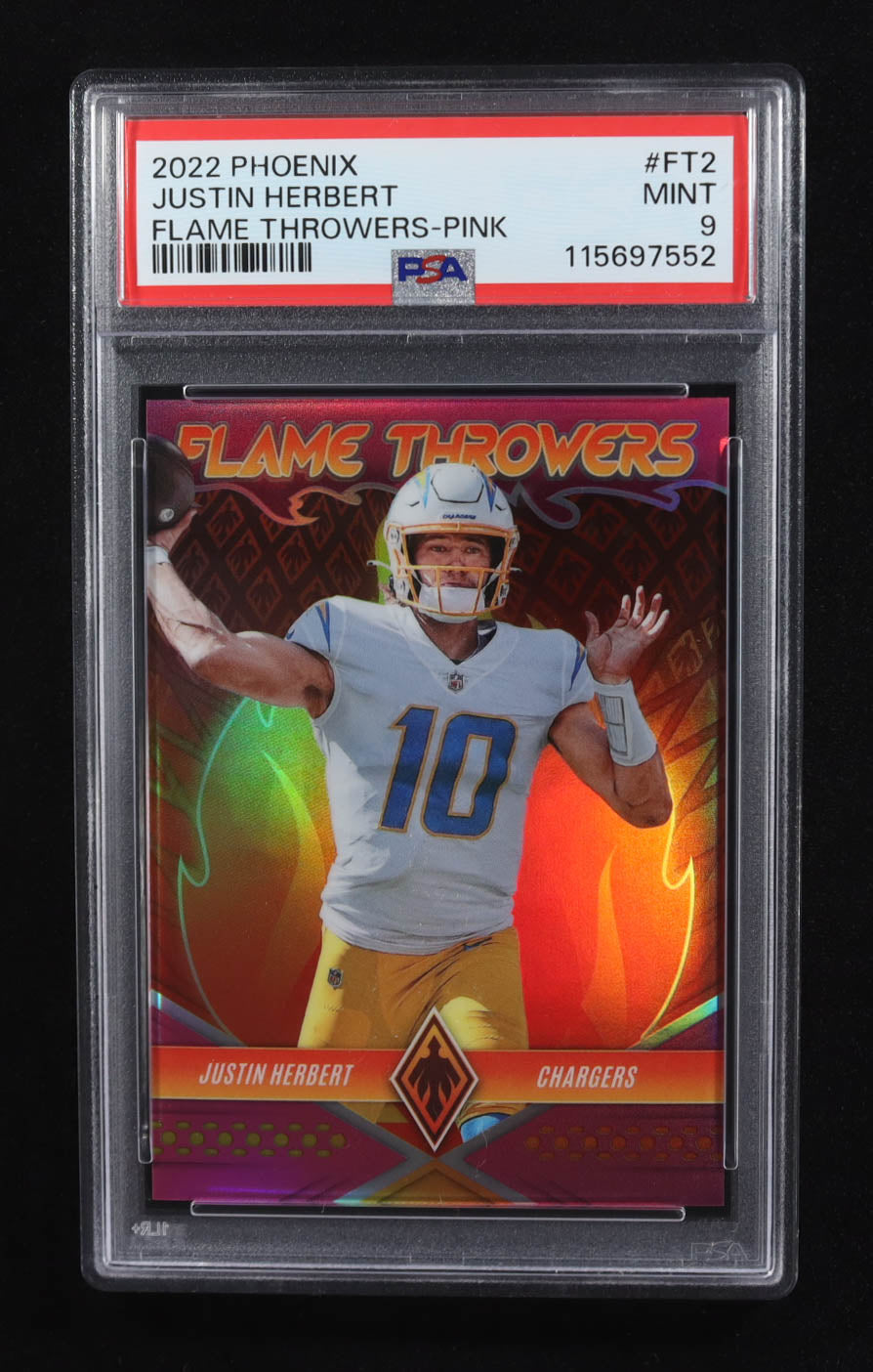 Justin Herbert 2022 Panini Phoenix Flame Throwers Pink #2 /175 | PSA 9 Mint | NFL Insert Card