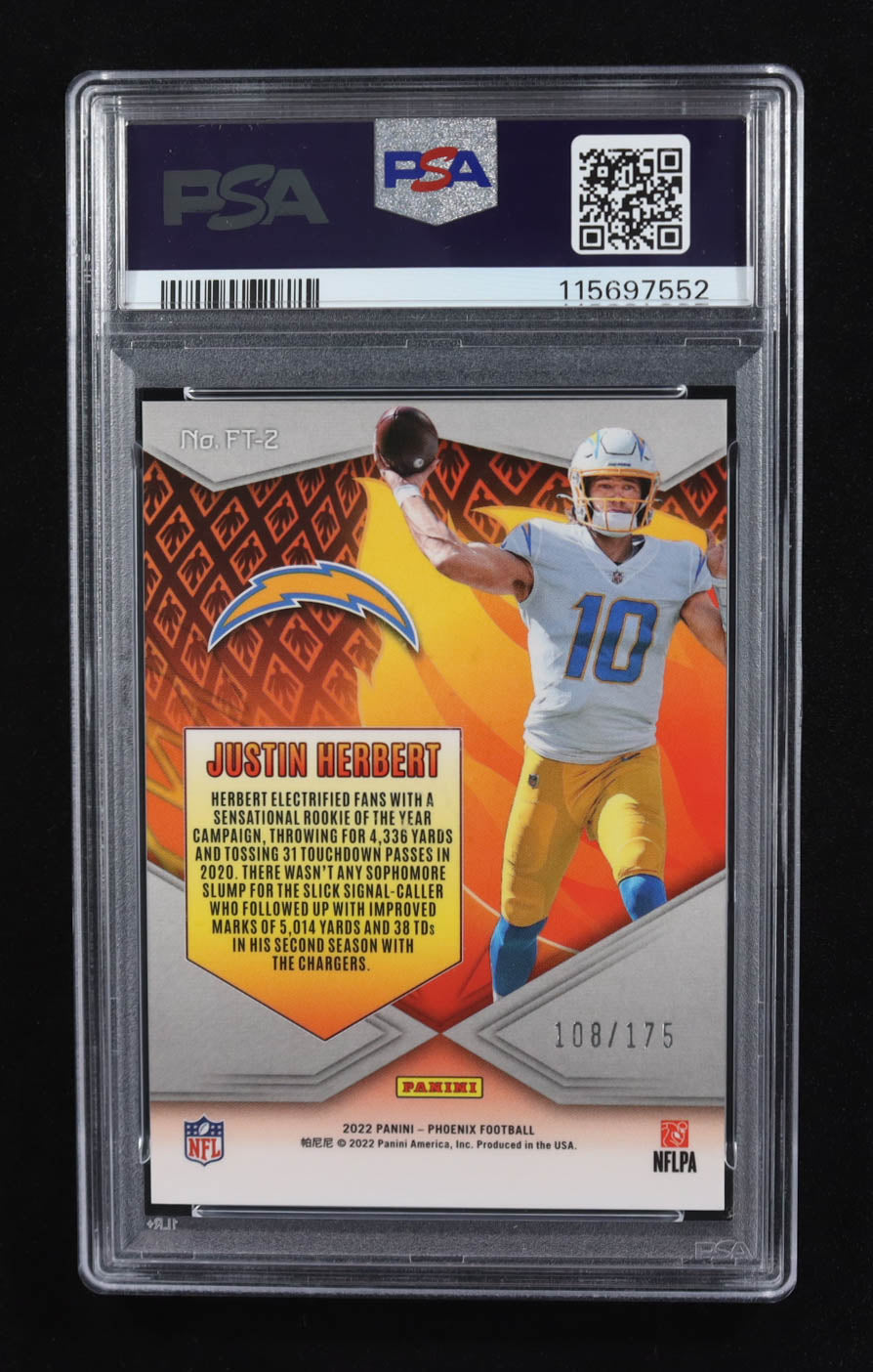 Justin Herbert 2022 Panini Phoenix Flame Throwers Pink #2 /175 | PSA 9 Mint | NFL Insert Card