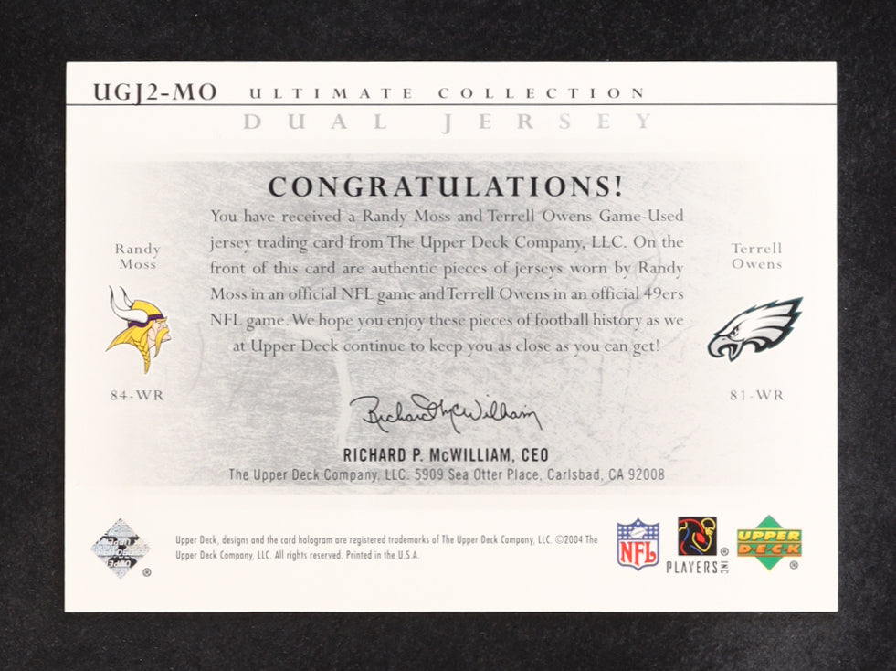 Authentic Randy Moss Terrell Owens 2004 Ultimate Collection Dual Game Jersey Card 73/99