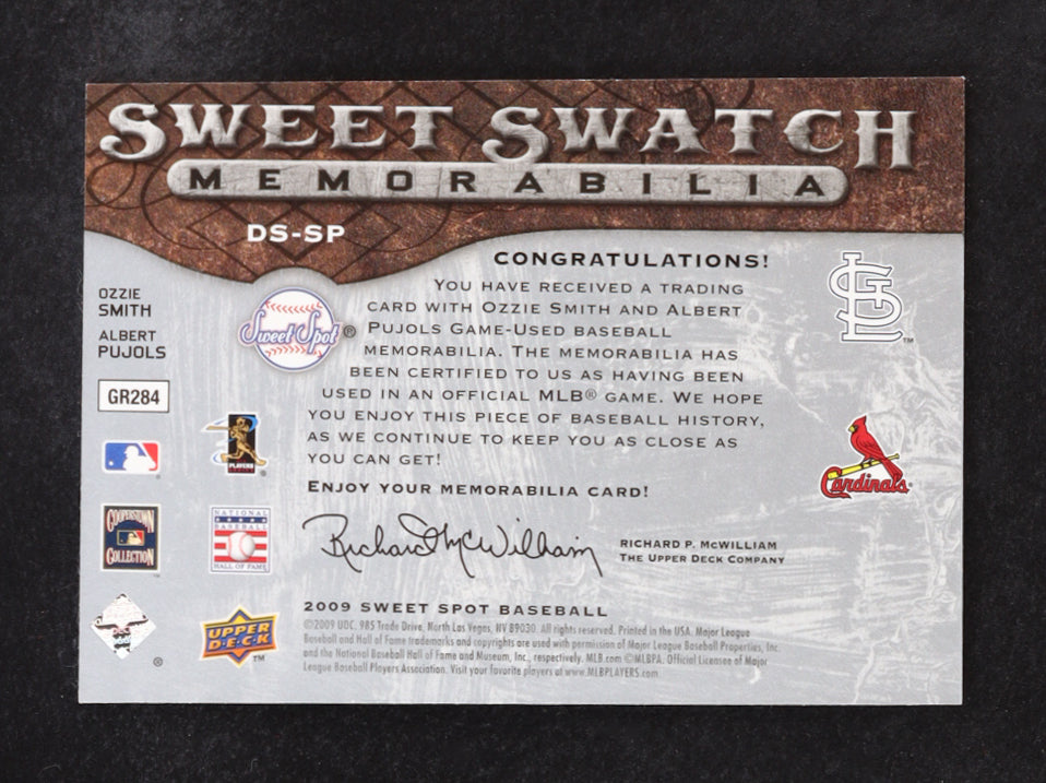 Authentic Albert Pujols Ozzie Smith 2009 Sweet Spot Swatches Dual DSSP Card
