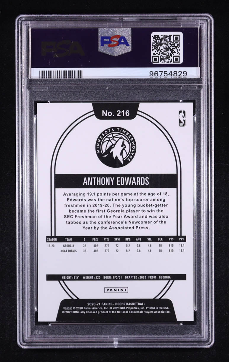 Authentic Anthony Edwards 2020-21 Hoops 216 PSA 10 Rookie Card