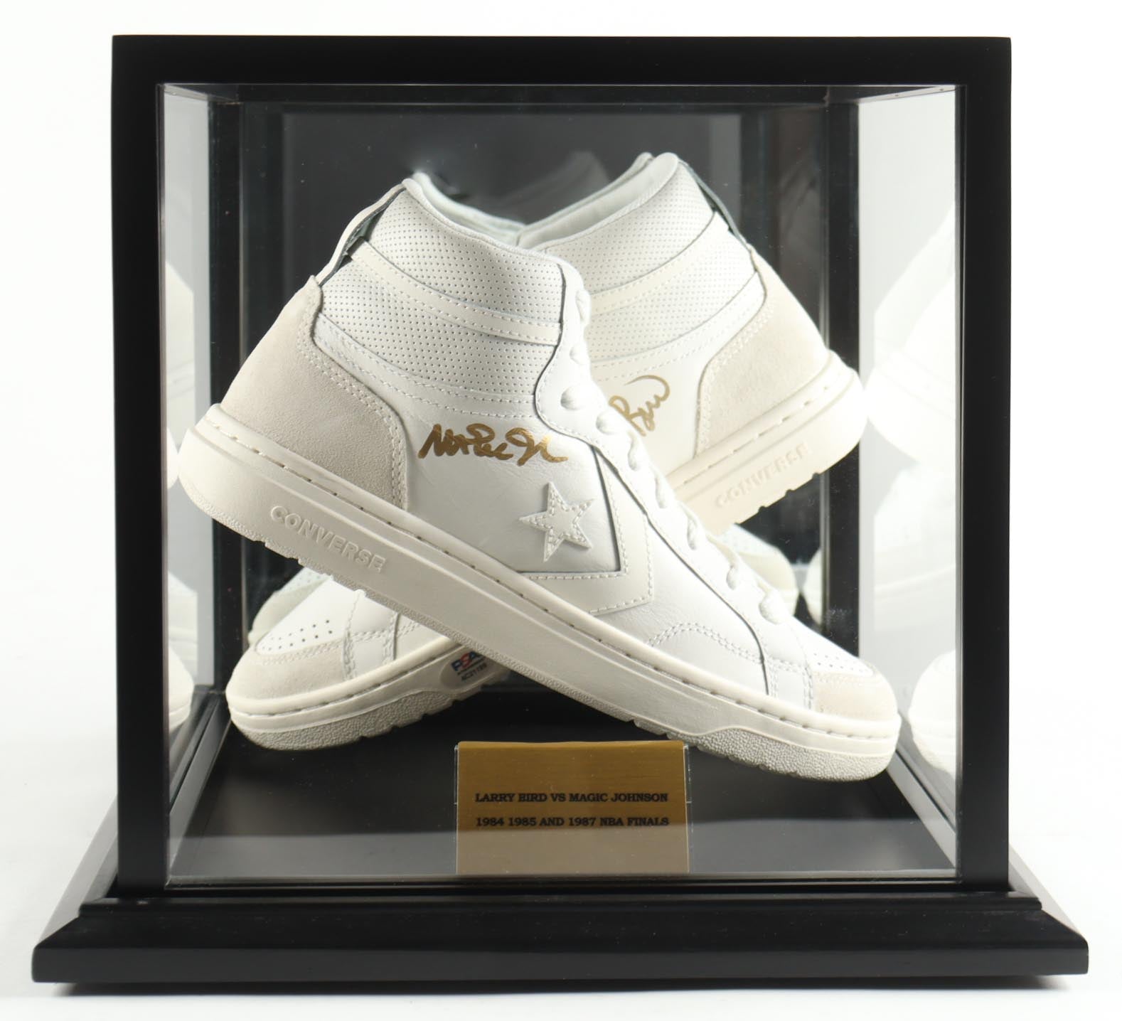 Magic Johnson & Larry Bird Signed Pair of (2) Converse All Star White Leather Basketball Shoes with Display Case (Beckett & PSA)
