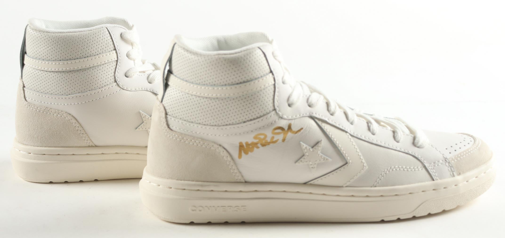 Magic Johnson & Larry Bird Signed Pair of (2) Converse All Star White Leather Basketball Shoes with Display Case (Beckett & PSA)