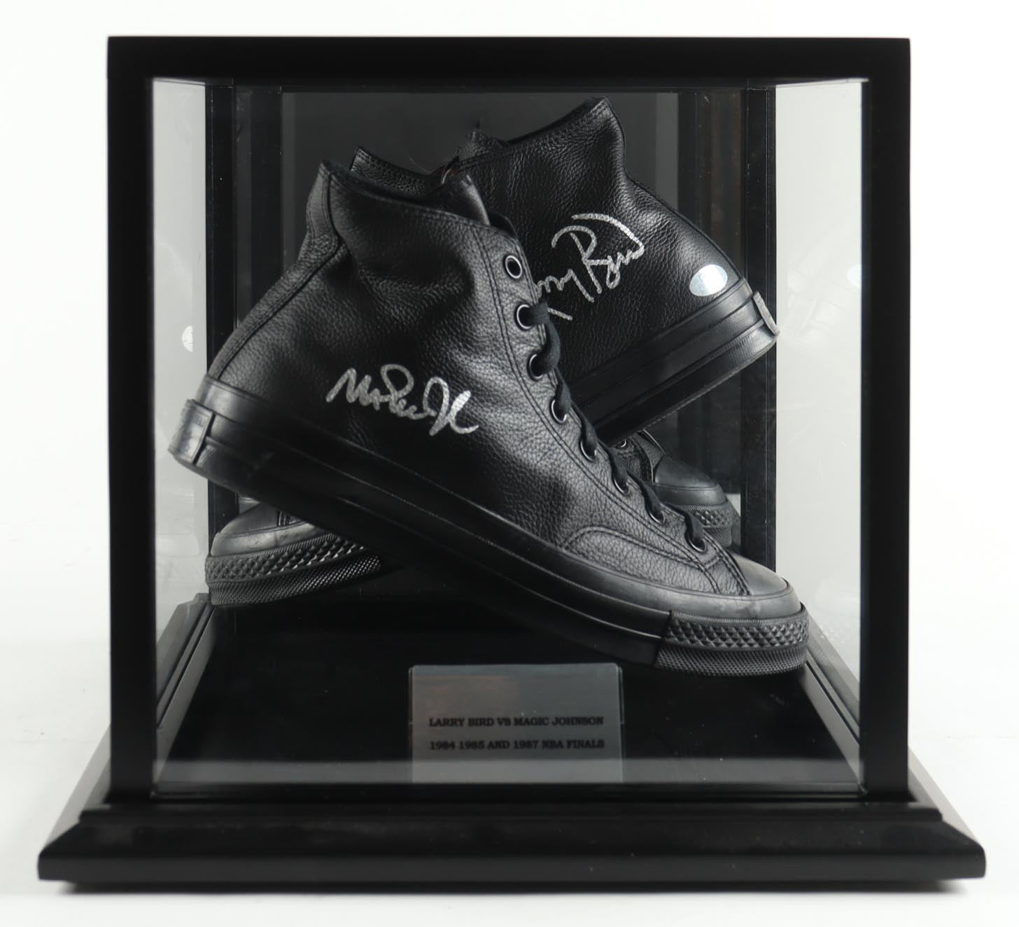 Magic Johnson & Larry Bird Signed Converse All Star Black Leather Shoes With Wood & Glass Display Case (PSA & Beckett)