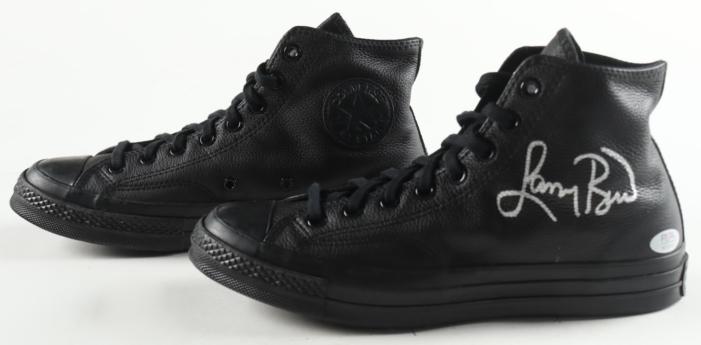 Magic Johnson & Larry Bird Signed Converse All Star Black Leather Shoes With Wood & Glass Display Case (PSA & Beckett)