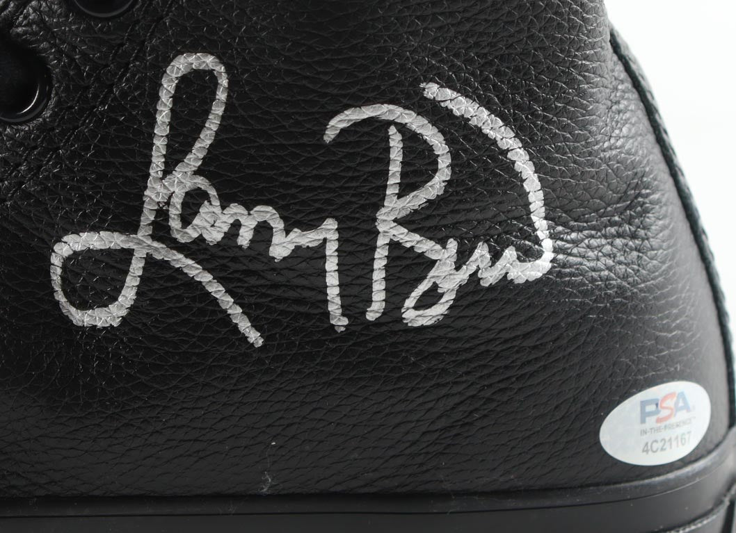 Magic Johnson & Larry Bird Signed Converse All Star Black Leather Shoes With Wood & Glass Display Case (PSA & Beckett)