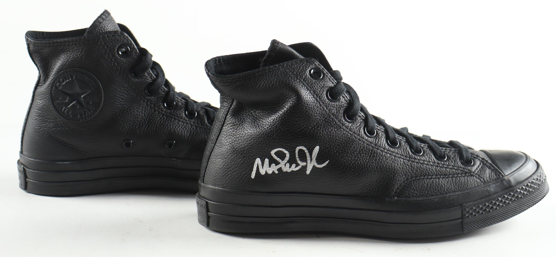 Magic Johnson & Larry Bird Signed Converse All Star Black Leather Shoes With Wood & Glass Display Case (PSA & Beckett)