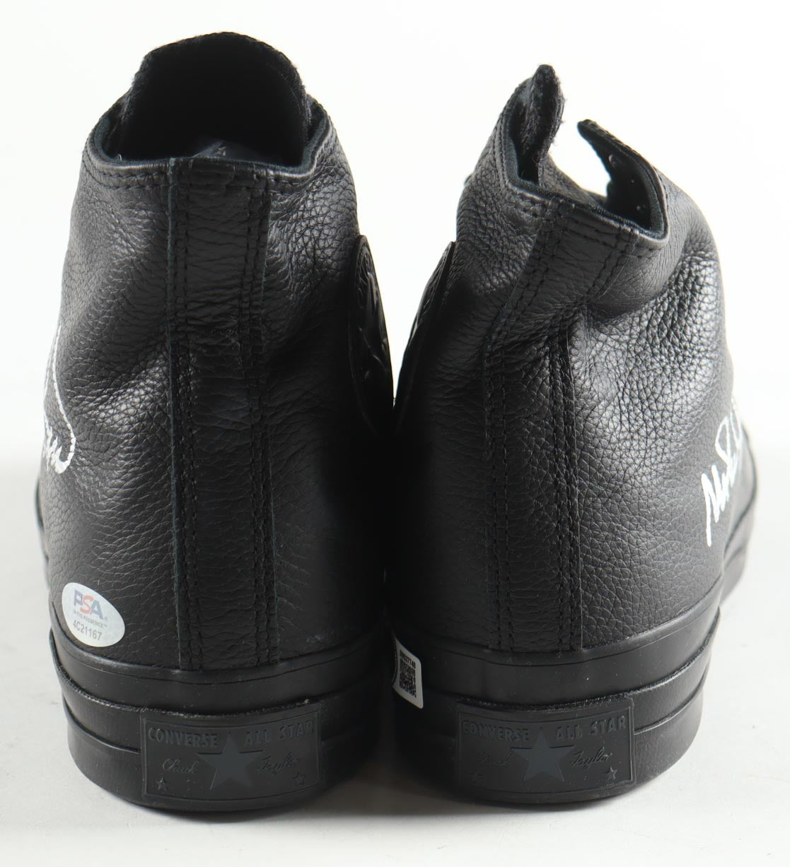 Magic Johnson & Larry Bird Signed Converse All Star Black Leather Shoes With Wood & Glass Display Case (PSA & Beckett)