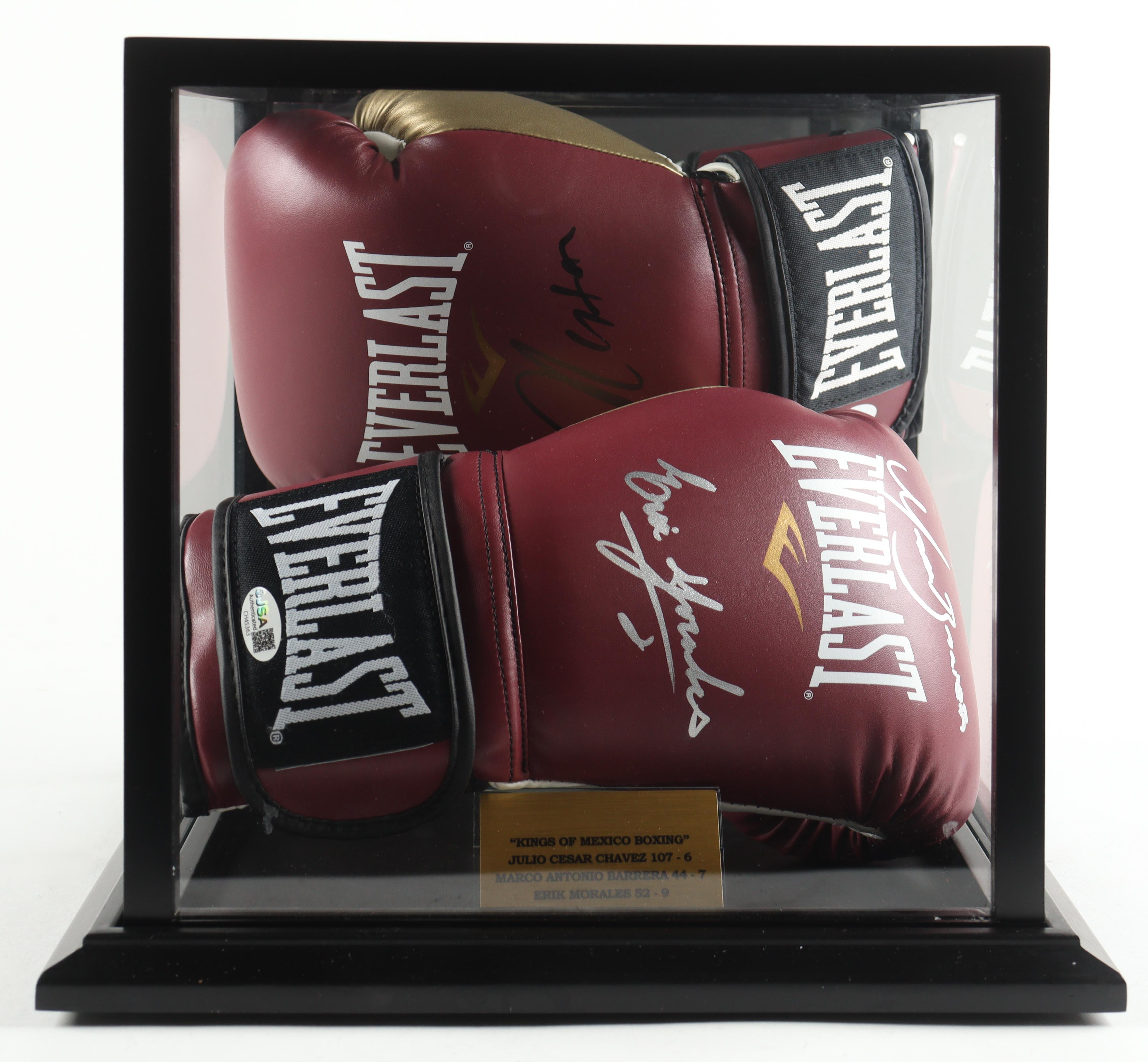 Julio Cesar Chavez, Marco Antonio Barrera & Erik Morales Autographed Everlast Boxing Gloves | Triple Signed w/ Display Case | JSA Certified