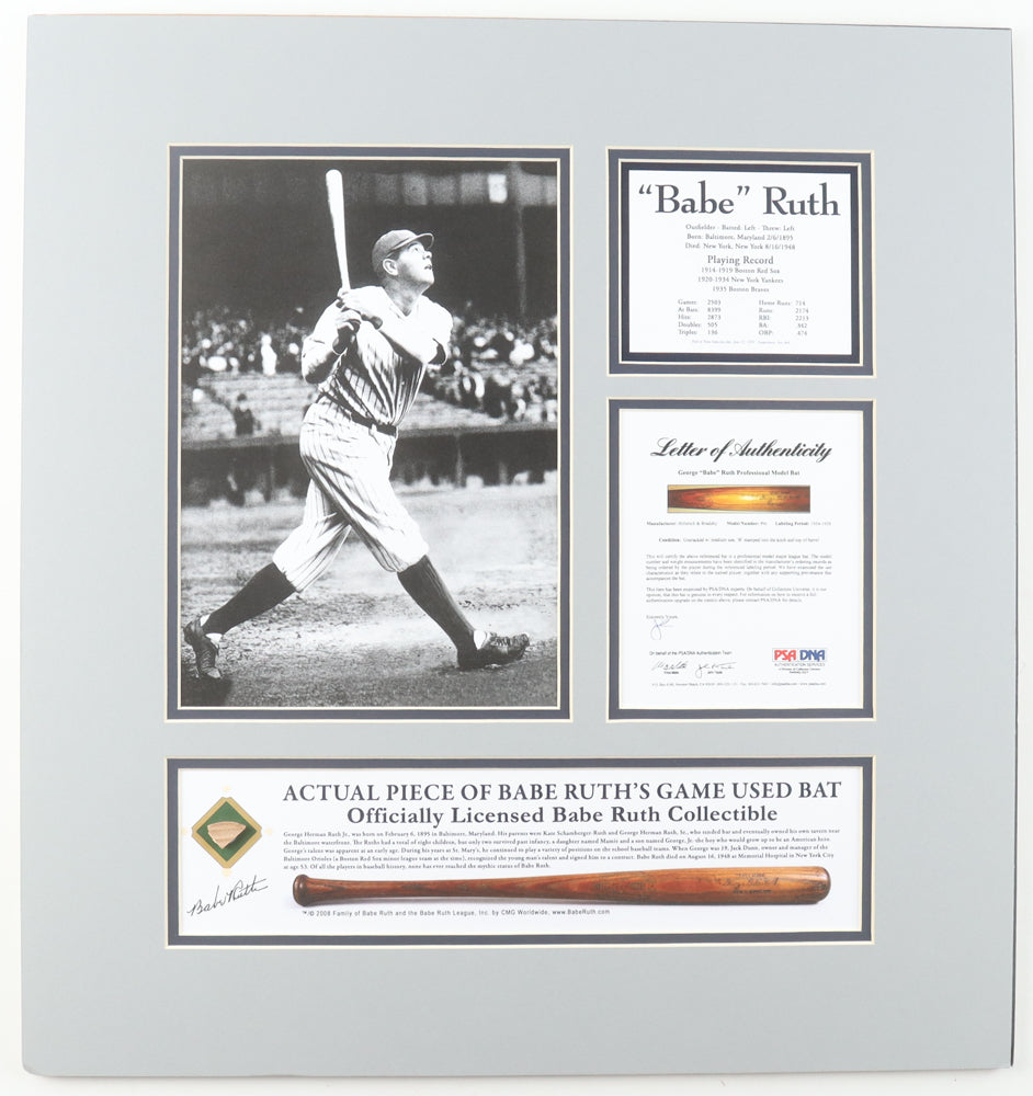 Babe Ruth Yankees Game-Used Bat Piece Custom Matted Display | PSA Certified | MLB Legend Memorabilia