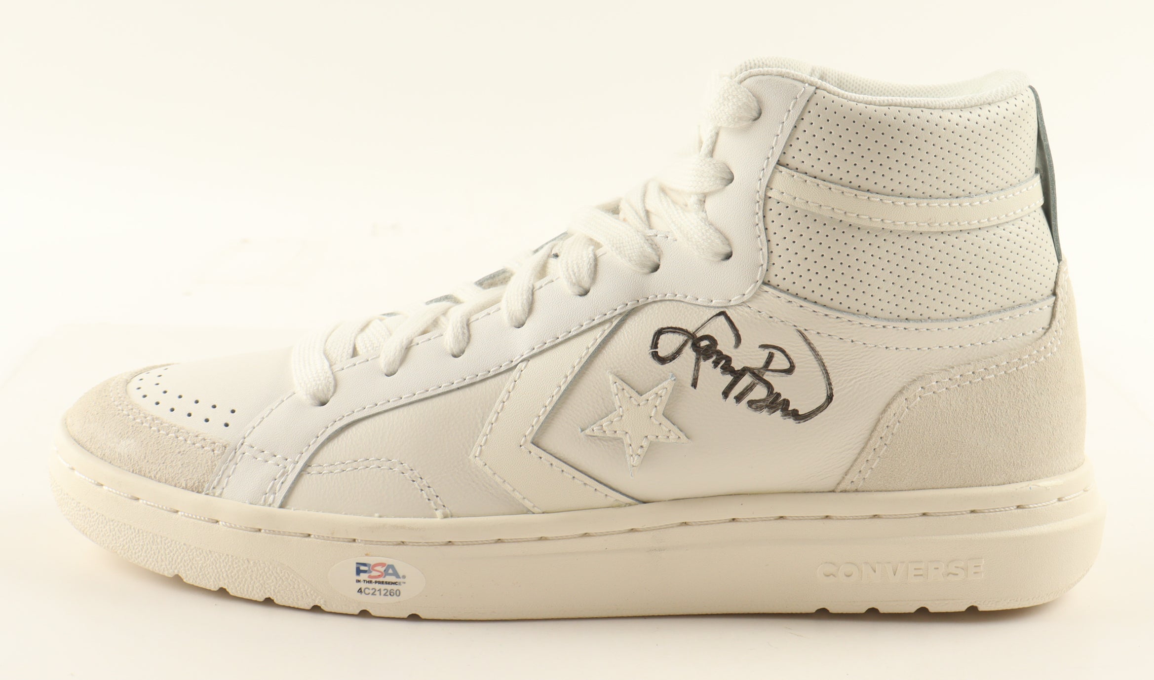 Larry Bird Autographed Converse All-Star White Leather Basketball Shoe | PSA Certified | Stat Plaque Display Stand