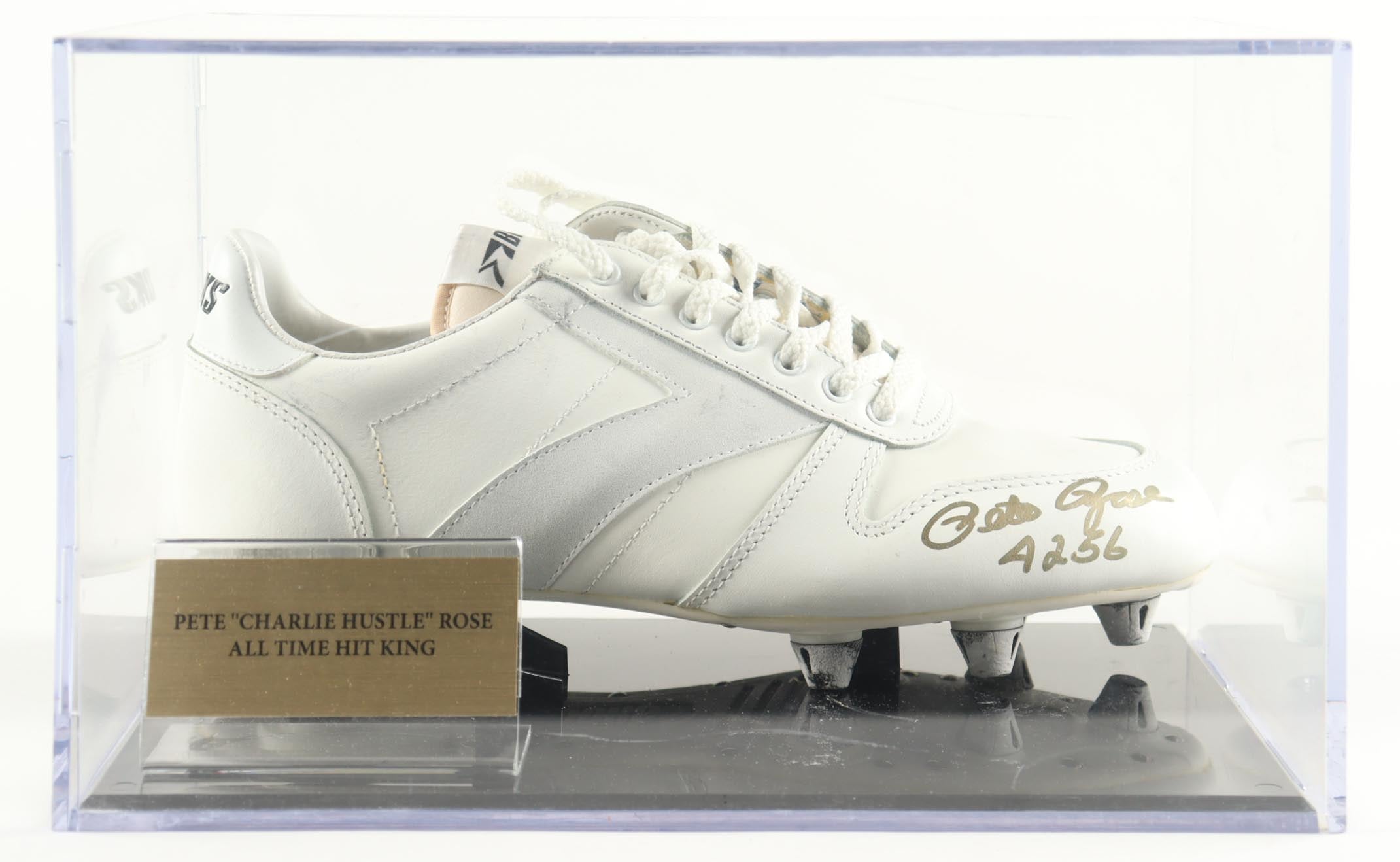 Pete Rose Signed Brooks Baseball Cleat Inscribed "4256" with Display Case (PSA)