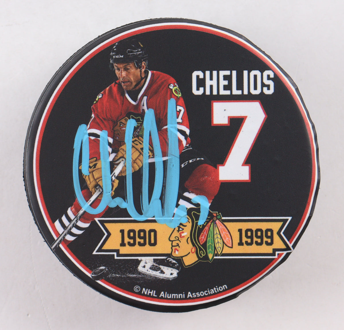 Chris Chelios Signed Blackhawks Logo Hockey Puck (Wilder Tag)