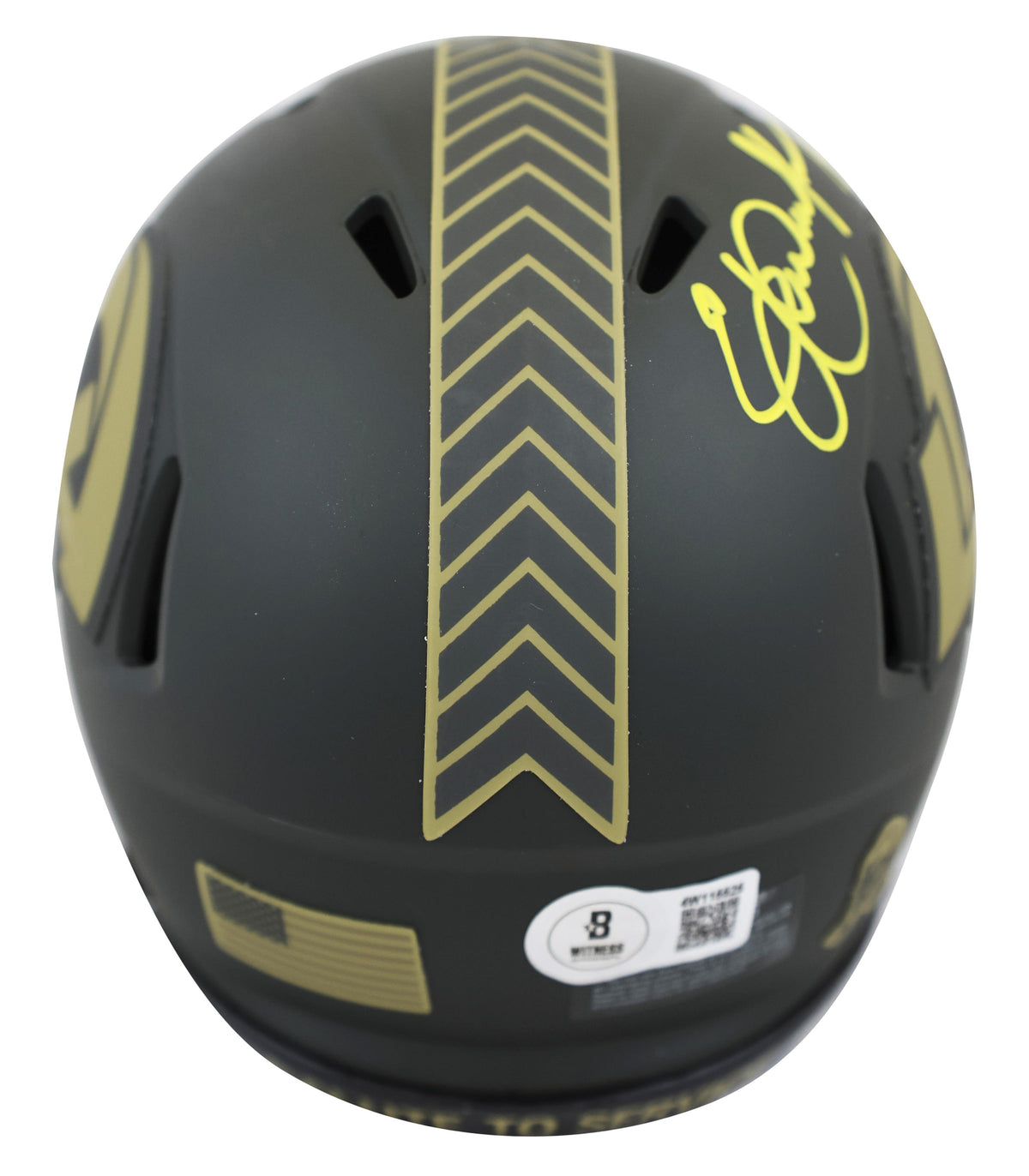Eric Dickerson Signed Rams Salute to Service Alternate Speed Mini Helmet Inscribed "HOF 99" in personalized case with visor.(Beckett)
