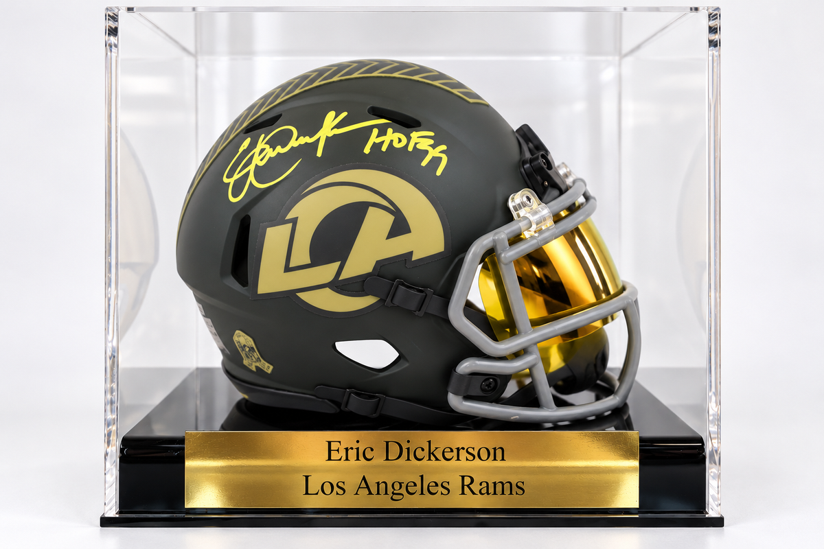 Eric Dickerson Signed Rams Salute to Service Alternate Speed Mini Helmet Inscribed "HOF 99" in personalized case with visor.(Beckett)