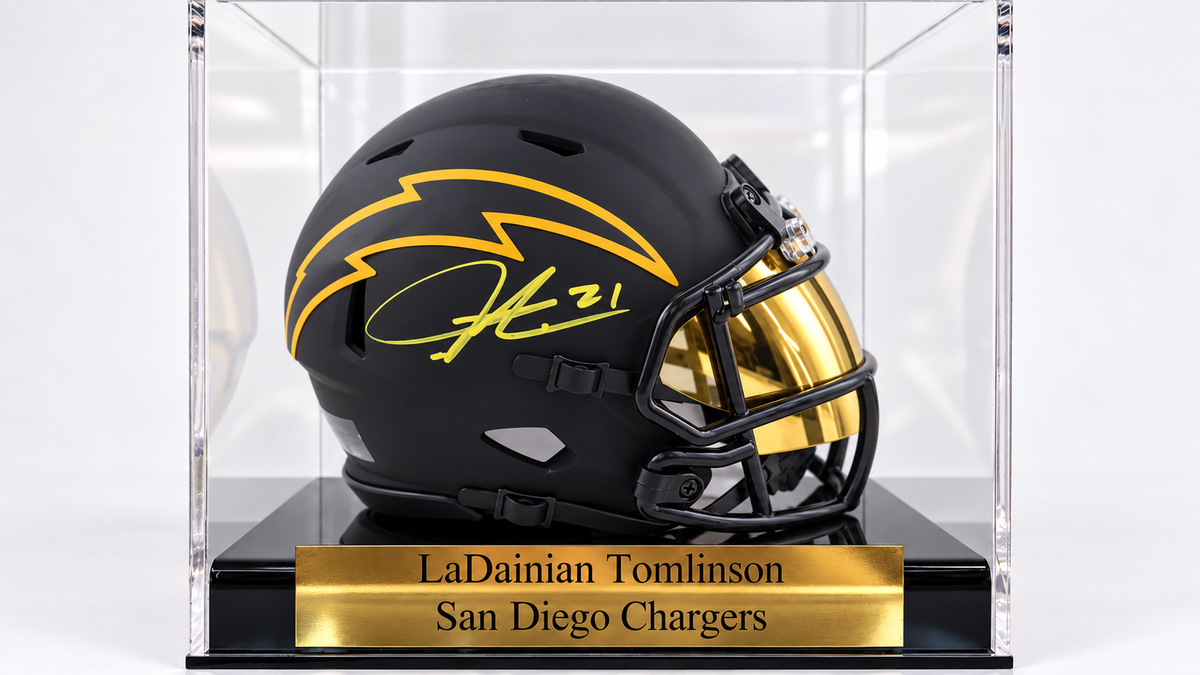 LaDainian Tomlinson Signed Chargers Eclipse Alternate Speed Mini Helmet in personalized case with visor (Beckett)