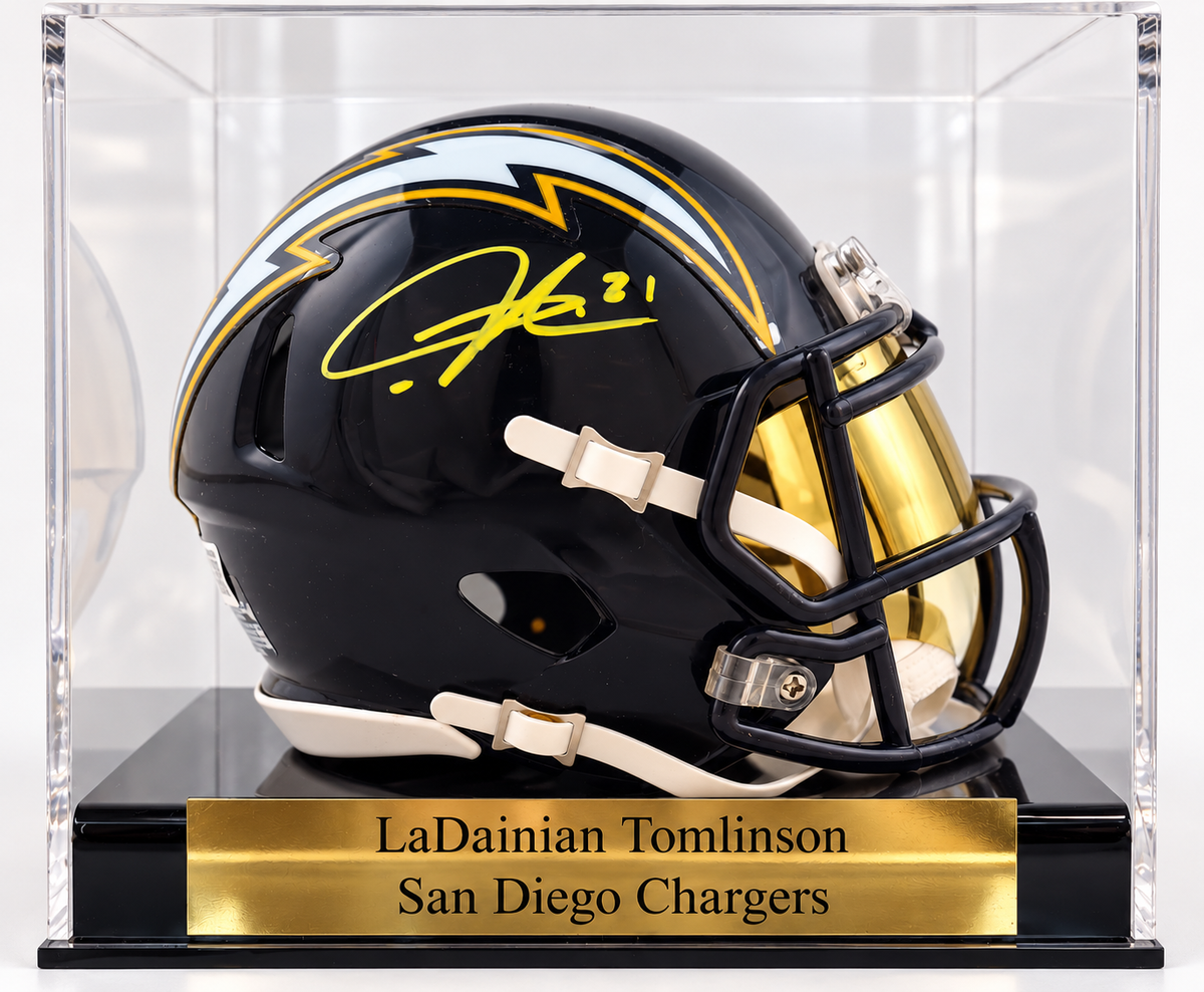 LaDainian Tomlinson Signed Chargers Speed Mini Helmet in personalized case with visor (Beckett)