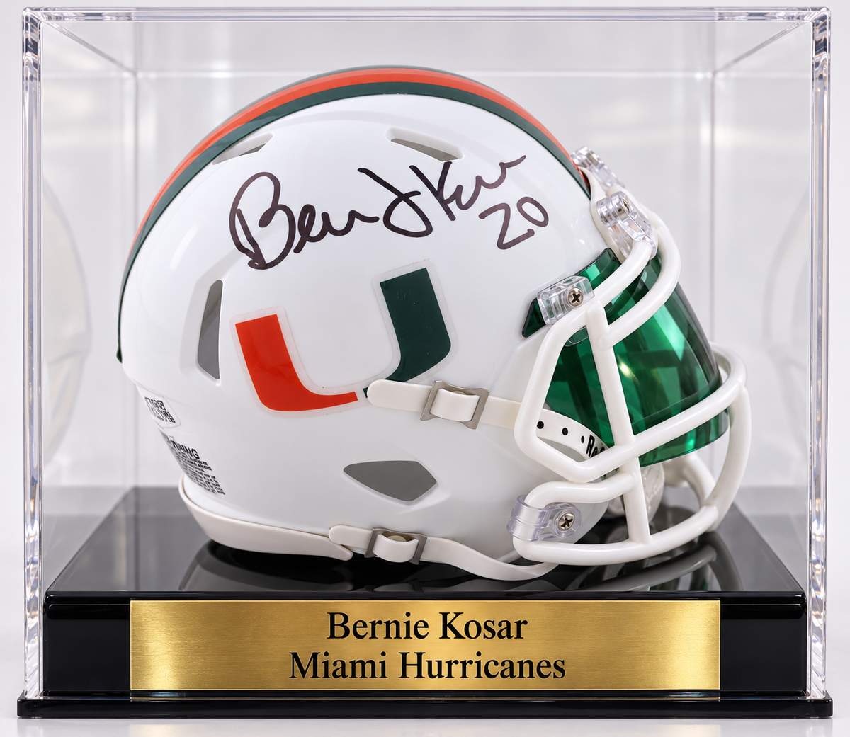 Bernie Kosar Signed Miami Hurricanes Speed Mini Helmet in personalized case with visor. (JSA)