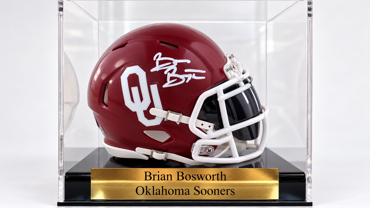 Brian Bosworth Signed Oklahoma Sooners Speed Mini Helmet with personalized case and visor (Beckett)