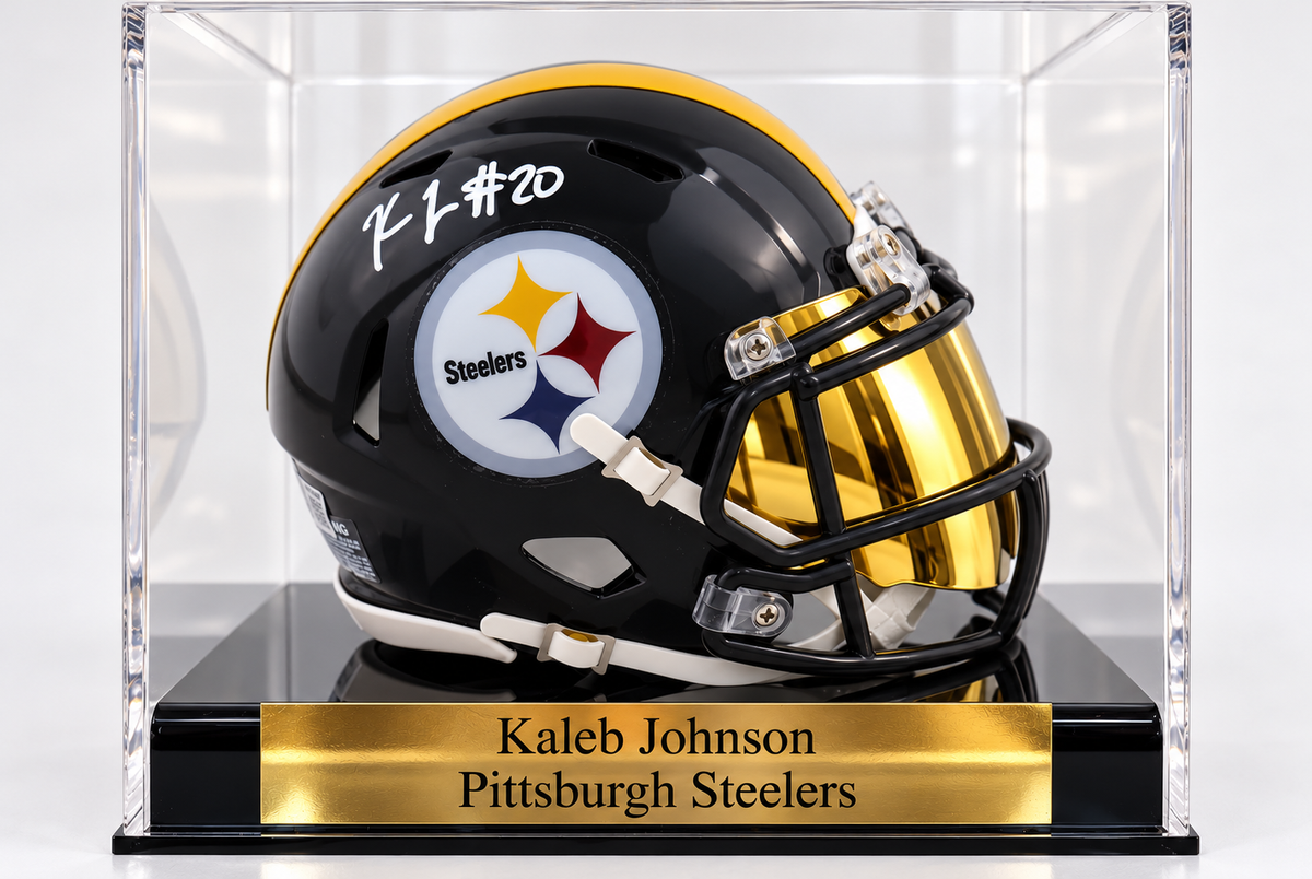 Kaleb Johnson Signed Steelers Speed Mini Helmet in personalized case with visor (Beckett)