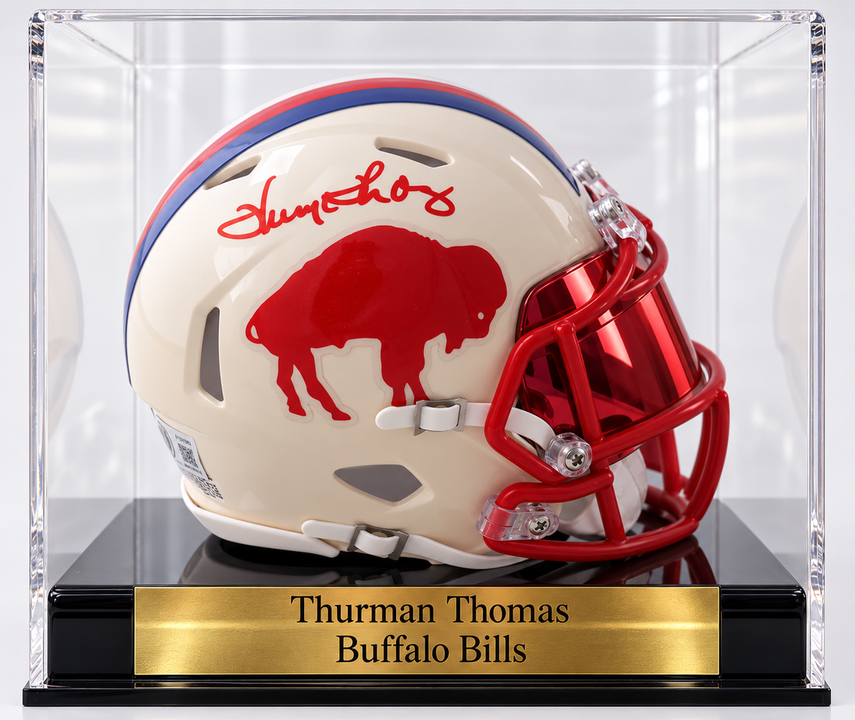 Thurman Thomas Signed Bills Retro Alternate Speed Mini Helmet in personalized case with visor (Beckett)