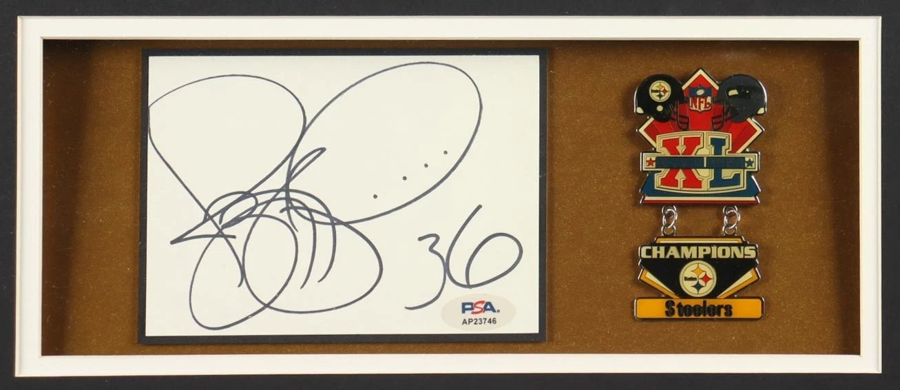 Jerome Bettis Signed Custom Framed Cut Display with Jersey & CHAMPION PIN(PSA)