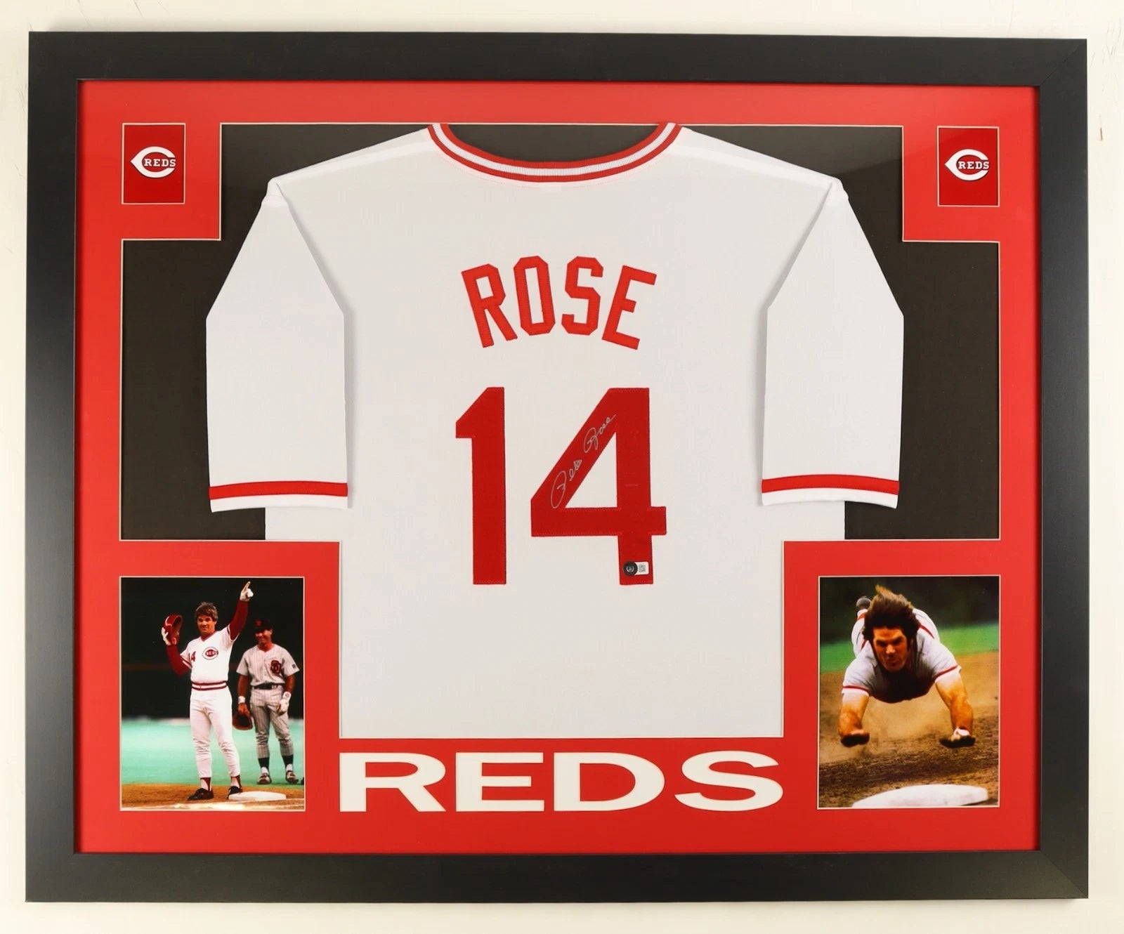 Share PETE ROSE Signed/Autographed Custom Jersey Framed 35x43 - Beckett
